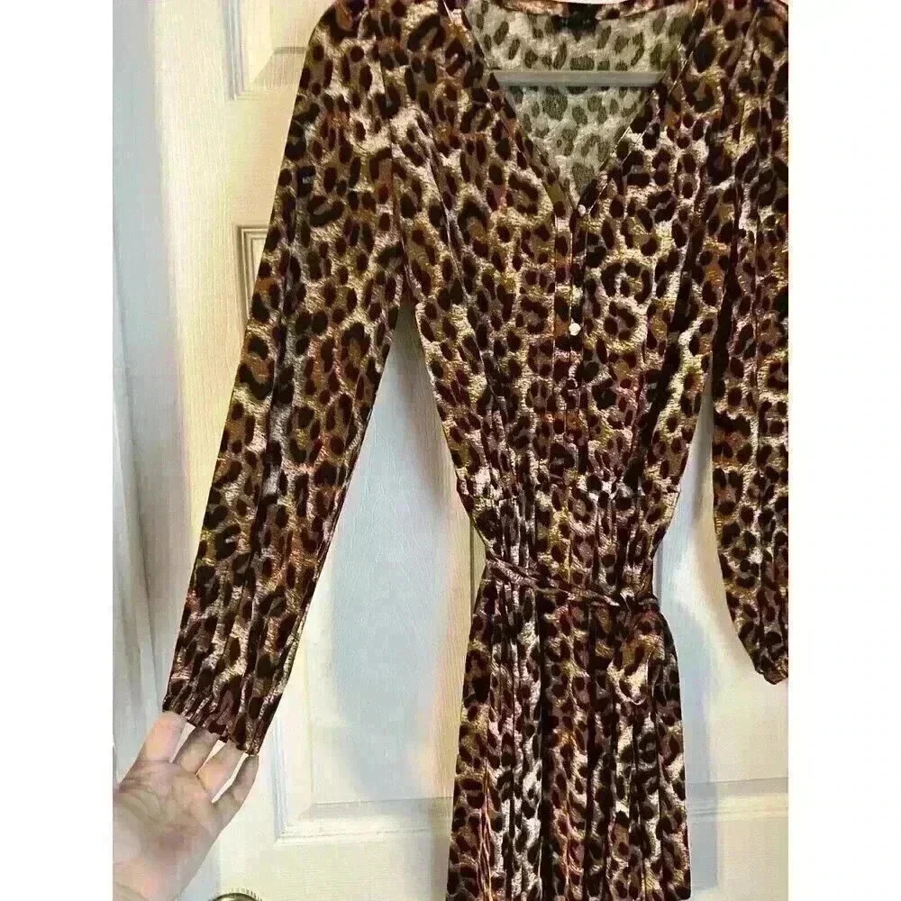 Talbots Dress Size 4 Leopard Animal Print V-neck Belted Long Sleeve Reg $149 - Picture 2 of 6